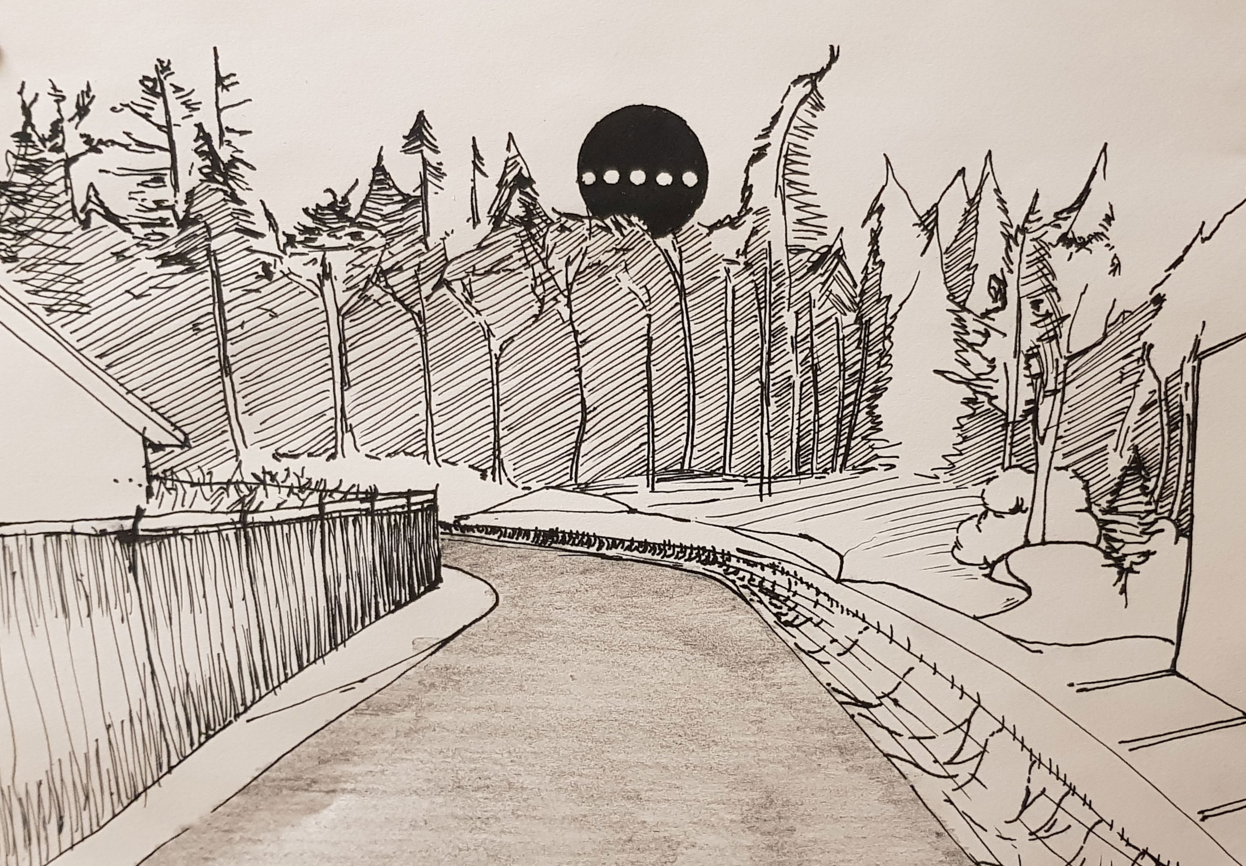 Abstrakt konstverk som illustrerar konceptet 'Kartan är inte territoriet'. En geometrisk kartstruktur överlagras på en naturnattscen med träd. En (röd) sfärisk form (UAP) syns, vilket symboliserar oidentifierade fenomen som genomtränger både våra modeller och verkligheten.